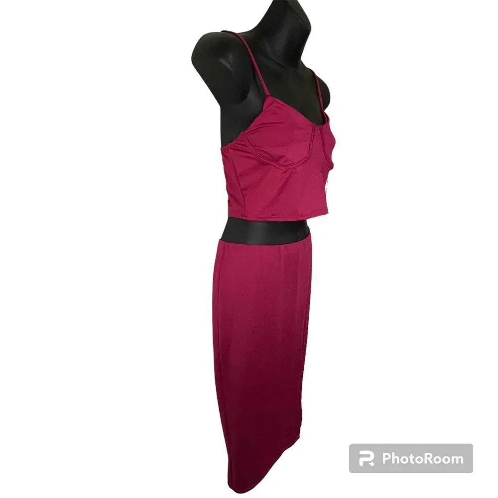 21 Saints 2 Piece Crop Top and Midi Skirt Matching Set‎ Magenta Pink Size Small